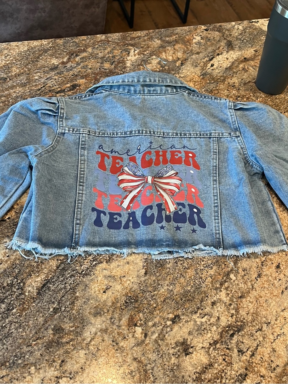 Cropped Denim Jacket - American Teacher Graphic